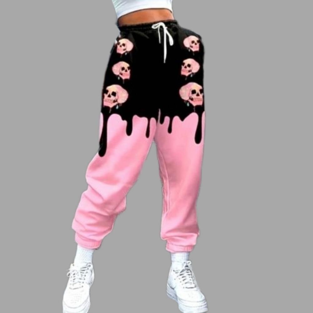 Ladie's Pink Goth Skull Printed Joggers Size Xl